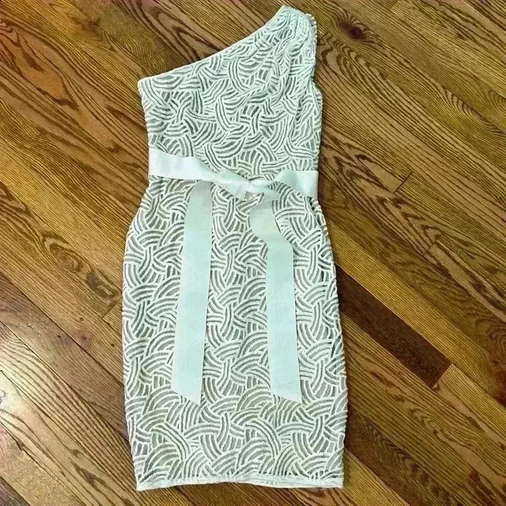 Tadashi Shoji Size 2 Petite White Embroidered One Shoulder Belted Dress Cocktail